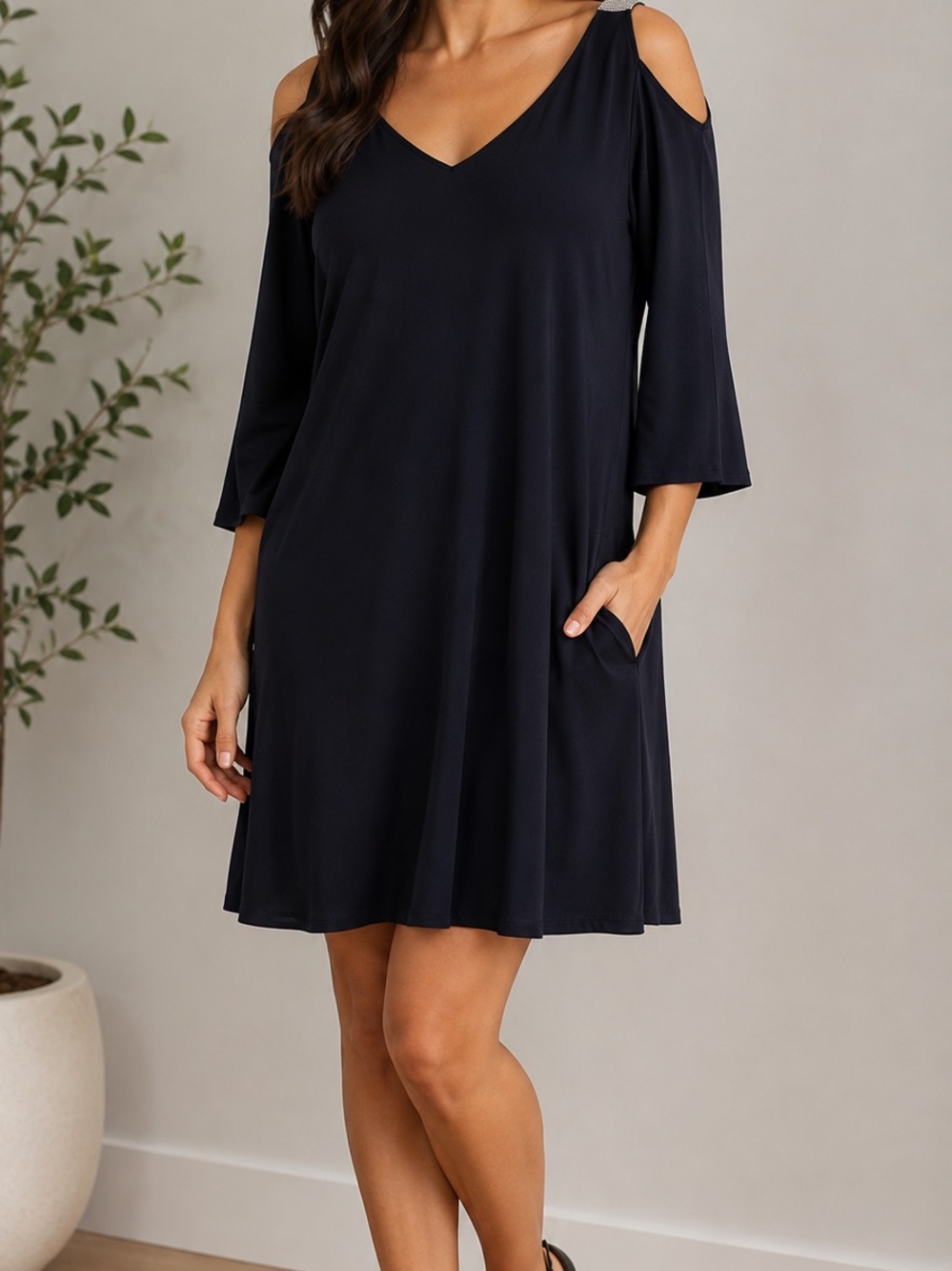 Women’s Navy Blue Cold Shoulder XL Dress with Silver Accents Fluttered Sleeve